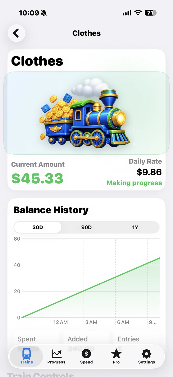 Clothes train detail screen with current amount, daily rate, and balance history