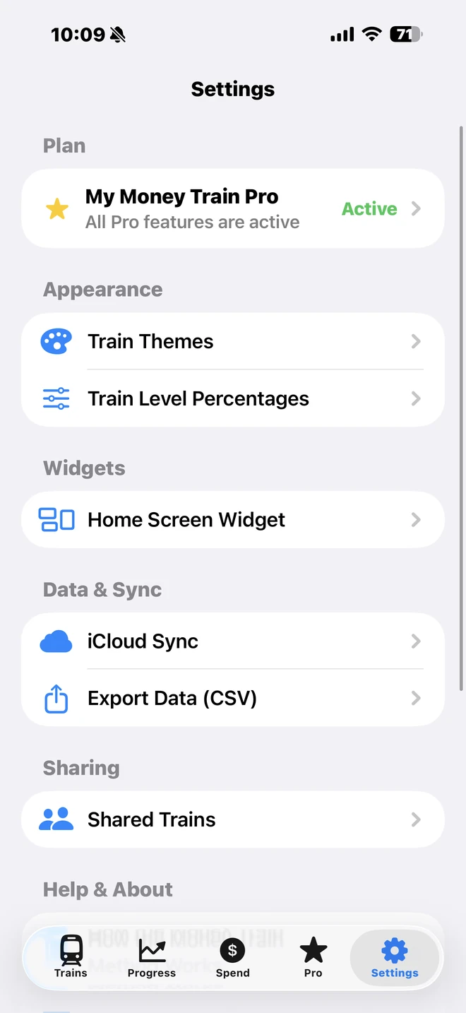 My Money Train Settings screen showing themes, train levels, widget, iCloud sync, export, and shared trains