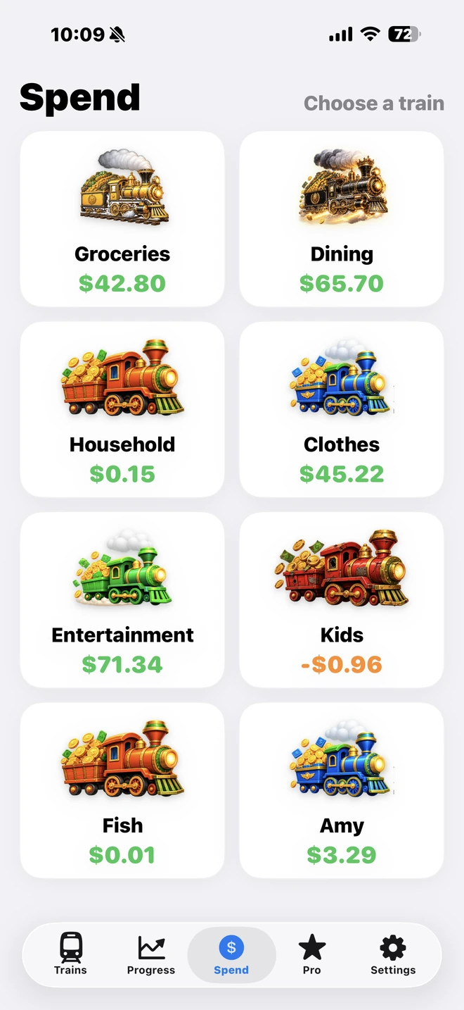 My Money Train Spend screen for quickly choosing a train and recording a purchase