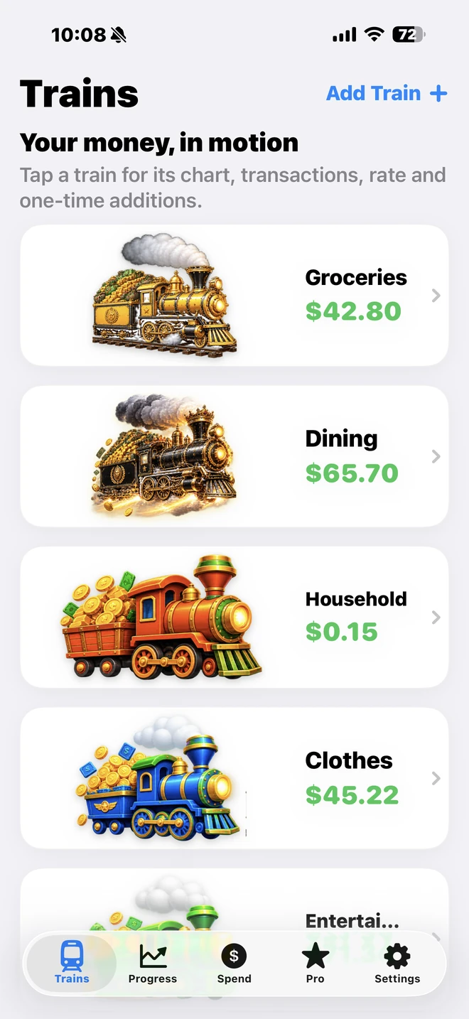 My Money Train Trains screen showing balances for groceries, dining, household, clothes and entertainment
